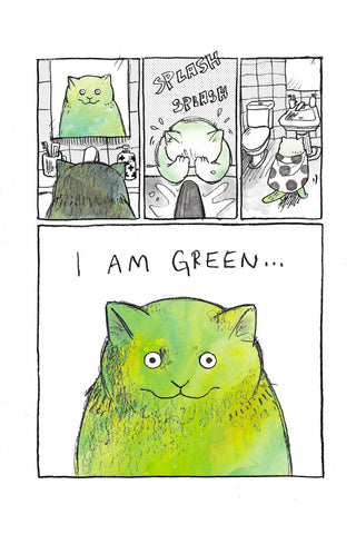 Magic Bath Zine Vol.1 interior comic page with green cat and speech bubbles