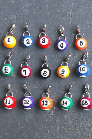 Mini pool charm set of 15 round numbered beads on metal key rings