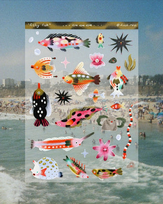 Aquatic fish sticker sheet with colorful tropical fish and sea star designs