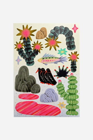 Duck.Ruai oasis sticker sheet with cacti, sun, desert scenes, and bird decals
