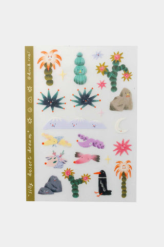 Desert-themed sticker sheet with cacti, animals, starbursts, and desert rock designs