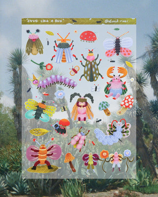 Snug Like a Bug sticker sheet with colorful insect characters and decorative elements