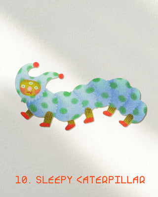 Glitter Sleepy caterpillar sticker with blue-green body and red feet