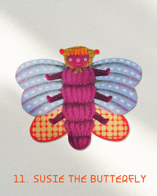 Glitter Susie the butterfly sticker with purple body and striped wings