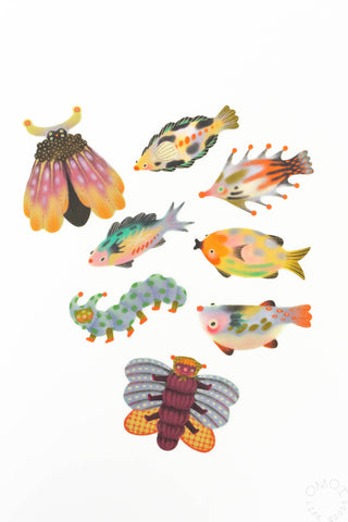 Glitter animal sticker assortment: fish, horn moth, caterpillar, butterfly