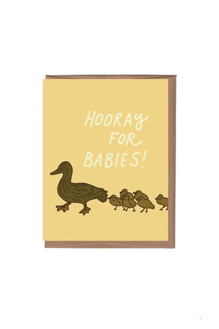Yellow baby greeting card with duck and ducklings and text "Hooray for Babies!"