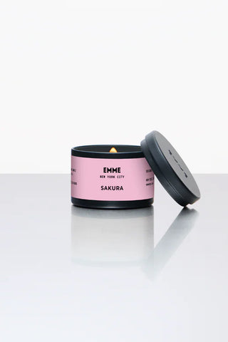 Cherry blossom tin candle with black lid and pink label