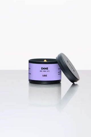 EMME 4oz ube tin candle with purple label and black lid open