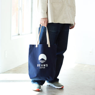 Indigo tote bag with BEAMS JAPAN logo, long fabric handles