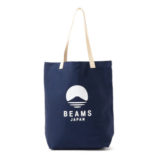Indigo tote bag with BEAMS JAPAN logo and light canvas handles