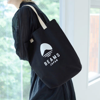 Dark indigo tote bag with BEAMS JAPAN logo, long fabric handles