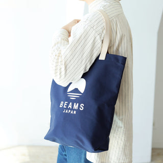 Indigo tote bag with BEAMS JAPAN logo, wide open top and long handles