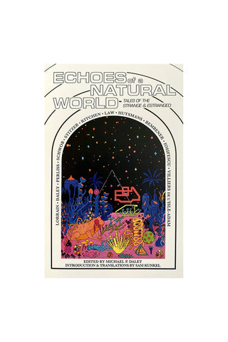 Illustrated natural world book cover with night sky and colorful landscapes