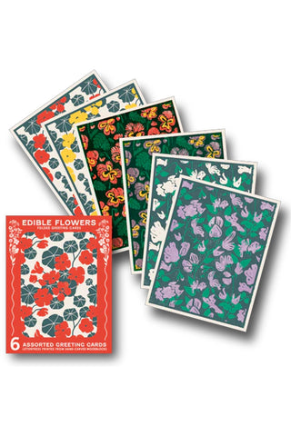 Assorted edible flower letterpress greeting cards, set of 6 with colorful floral prints