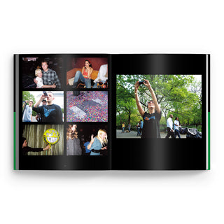 Epicly Later'd photo book open spread, left photo grid and a right outdoor action image.