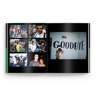 Epicly Later'd photo book open spread, left collage and right page with 'GOODBYE' wall text.