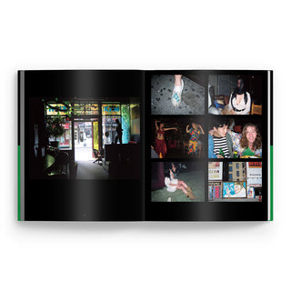Epicly Later'd photo book open spread, dark indoor photo scenes with color thumbnails.