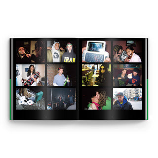 Epicly Later'd photo book open spread, portrait photo collage with a green stripe on the bottom.