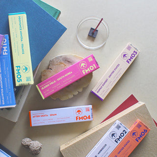 Incense sticks with FM10 Eucalyptus Mountains label and pink printed ends