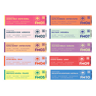 Assorted Fragrance Memories incense packs with FM01–FM10 codes, including purple FM08