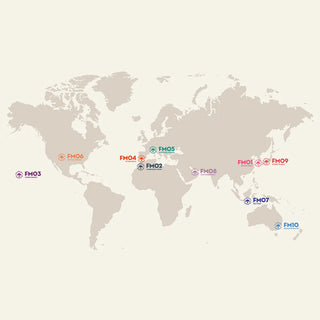 World map graphic with location markers and FM codes for Hawaii Sunset incense