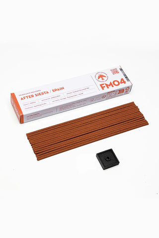 After Siesta FM04 incense sticks set with box, brown sticks, and black holder