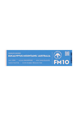 Blue rectangular incense box labeled Eucalyptus Mountains / Australia FM10
