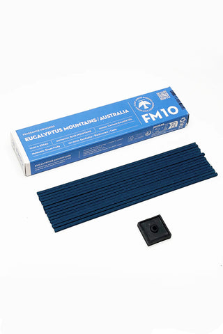 FM10 eucalyptus mountains incense sticks: blue sticks with box and square holder