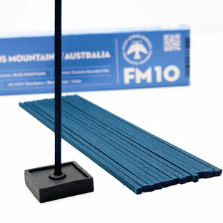 Blue incense sticks arranged with black holder on square base