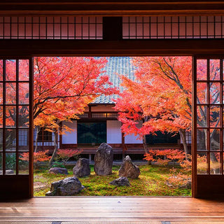 Kyoto Temple incense artwork card with autumn courtyard and stone path