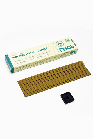 Fragrance Memories Provence Mimosa incense box, bundled sticks, and small black holder