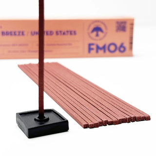 Incense stick rising from a dark square holder with stacked brown sticks, FM06.