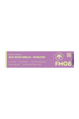 Fragrance Memories incense box, Silk Road Dream / Emirates, purple label and FM08 mark
