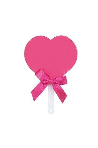 Pink heart fan with satin ribbon bow and trailing ribbons on white handle