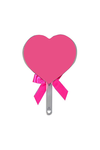 Pink heart fan with satin bow and ribbon tails attached to white handle