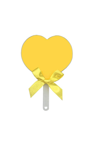 Yellow heart fan with satin bow and ribbon tails on white handle (small charm)