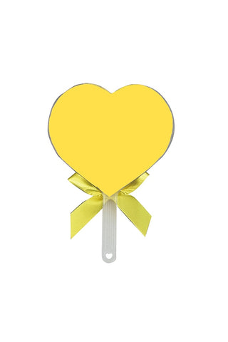 Yellow heart fan with satin bow and ribbon tails attached to white handle