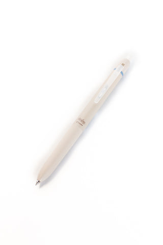 Erasable pen with light beige barrel and transparent clip, metal point