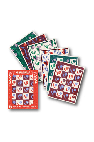 Assorted letterpress greeting cards set with colorful patterned covers and heart icons