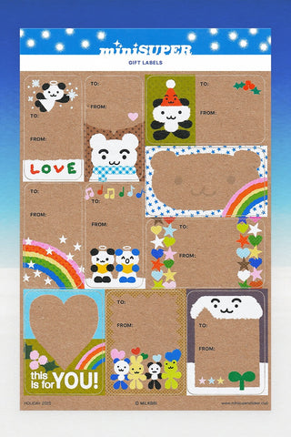 MILKBBI kraft gift label set with cartoon animals and TO/FROM areas on a sheet