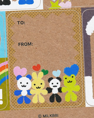 Kraft gift label close-up with TO and FROM text and four cartoon animal faces