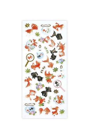 Goldfish and fish sticker sheet with colorful cartoon animals and bubbles