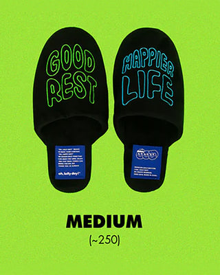 Medium rest room shoes, black with neon “Good Rest” and “Happier Life” text, blue tags