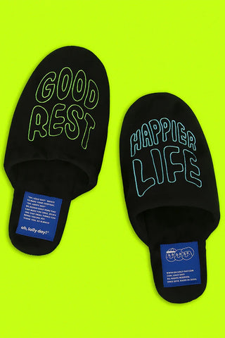 Pair of black rest room shoes with neon “Good Rest” and “Happier Life” embroidery, tags included