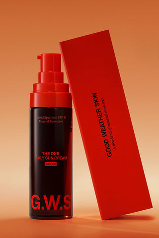 Good Weather Skin The One daily sun cream SPF 30 in red bottle and red box