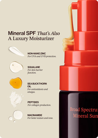 Red-capped sunscreen bottle with ingredient callout icons on a clean layout