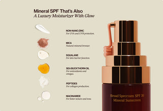 Mineral SPF 30 sun cream infographic with bottle and ingredient icons