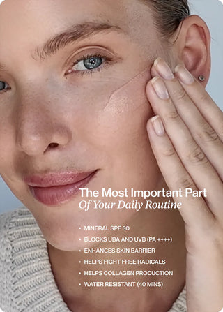 SPF 30 warm glow daily sun cream applied on face, glowing skin close-up