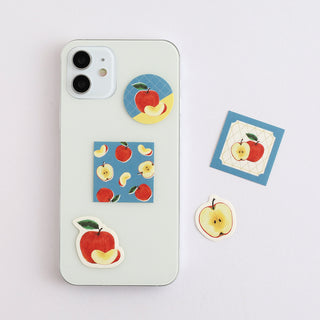 Apple-themed fruit flake stickers: red apples and yellow pear icons