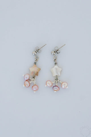 Star-shaped pearl drop earrings, silvertone hooks with pink and white beads